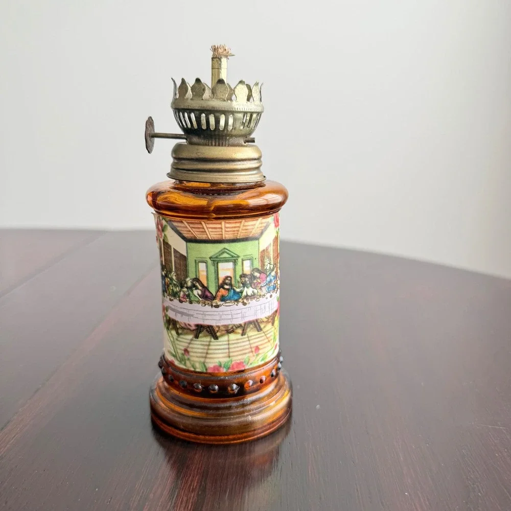 Vintage Amber Glass Miniature Oil Lamp The Last Supper Religious Lantern 6 inch